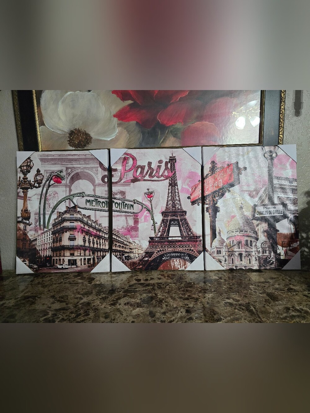Paris Eiffel Tower & More Black, White, And Pink Canvas Paintings /Lot of 3 New